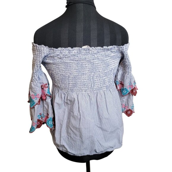 Ann Taylor Petite Off-the-Shoulder Blouse – Smocked Bodice & Embroidered Sleeve - Picture 3 of 8